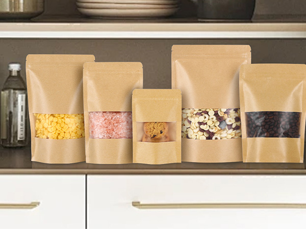 Stand up kraft paper bag with window containing corn flakes, cookies, coffee beans, cereal