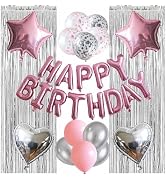 WEIKA 29 Pcs Pink Silver Birthday Party Decorations for Women Pink Happy Birthday Balloons Banner...