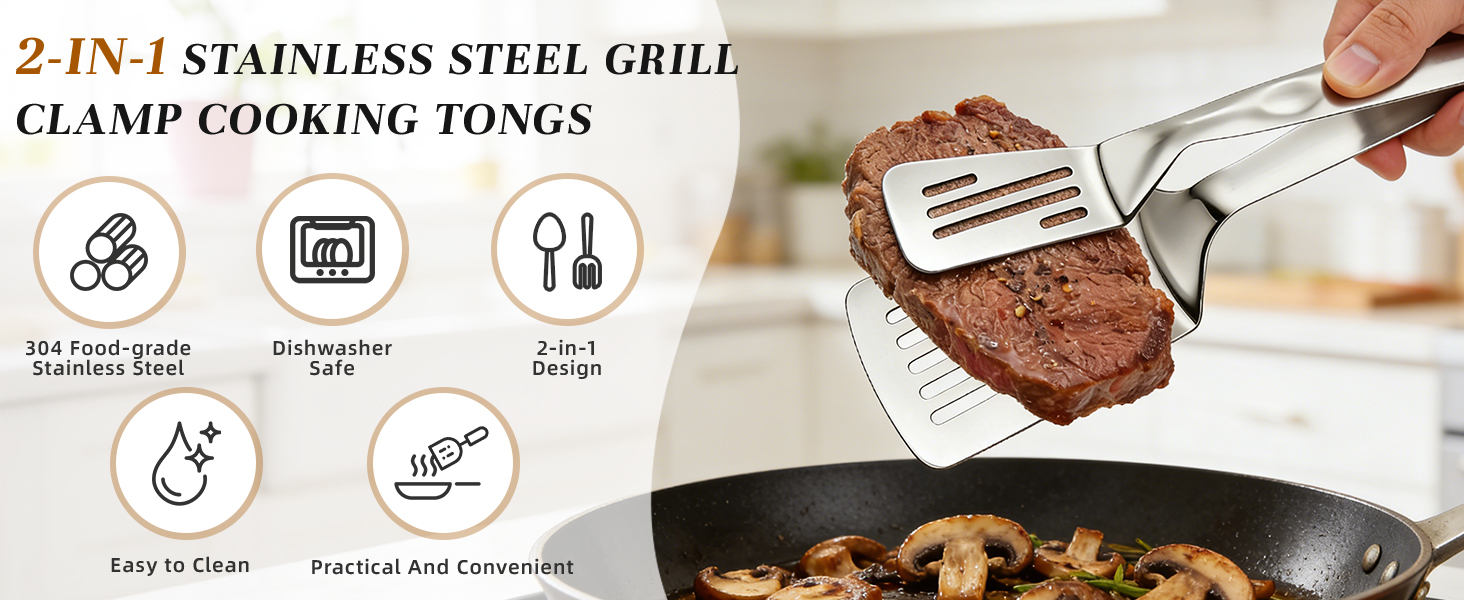 2-in-1stainless steel grill clamp and cooking tongs with icons for dishwasher safe andfoodgradesteel