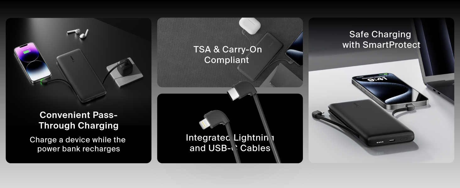 Image of power block with usb c cables with text reading convenient pass through charging.