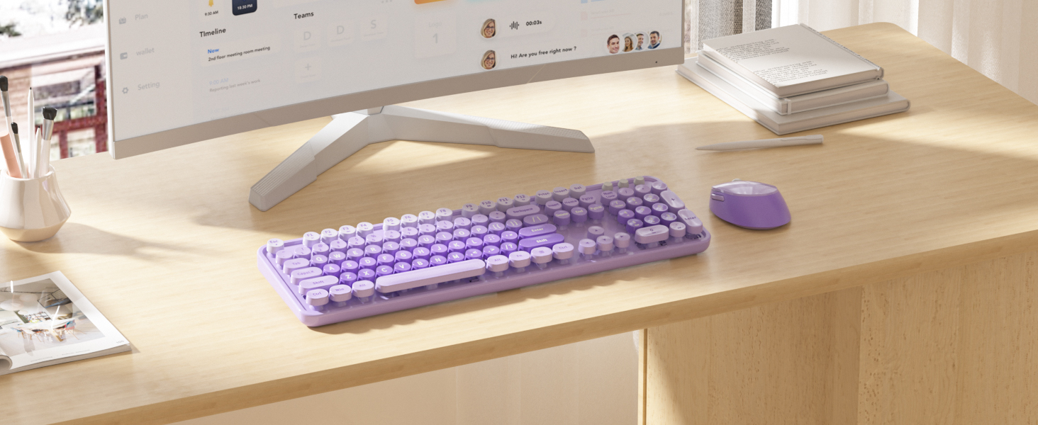 purple keyboard and mouse wireless cute colorful retro typewriter full size keyboard