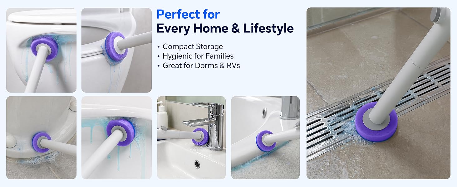 Multi-surface disposable cleaning brush for bathroom sinks, floor drains, dorms, and RV toilets.