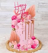 MEMOVAN 29pcs Flower Boho Cake Topper Ball Cake Decorations Hot Pink Gold Balls Palm Leaves Artif...