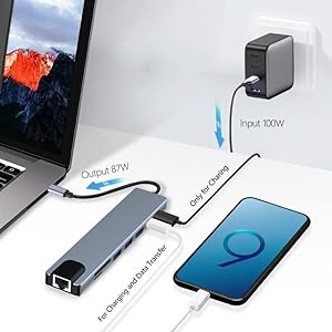 Multi-port adapter setup diagram showing connections between laptop, smartphone, and power source with labeled cable routes and connections.