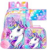 ZLYERT 16" Unicorn Backpack for Girls, 3Pcs Kids School Backpacks with Lunch Box, Bookbag for Ele...