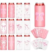 Bensbl 12 Pcs Pink Bow Ribbon Neoprene Slim Can Sleeves - Insulated Beer/Soda Coolers for 12oz Ca...