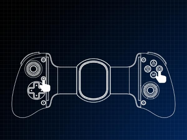 Blueprint-style illustration of video game controller with buttons, triggers, and analog sticks on dark navy background with grid pattern.