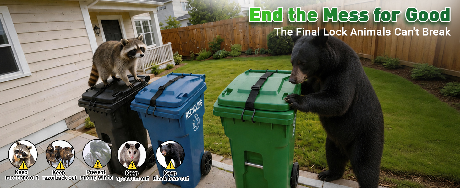 Stops bears, raccoons, wild boars, opossums, and strong winds. Lid locked tight. Yard clean.