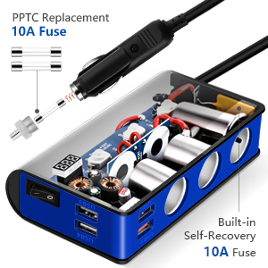 Blue electronic device with multiple USB ports, featuring PPTC Replacement 10A Fuse and built-in self-recovery functionality.