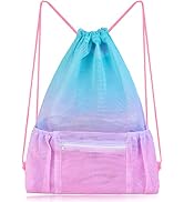 Nidoul Mesh Drawstring Bag with Zipper Pocket, Beach Bag for Swimming Gear Backpack Gym Storage B...