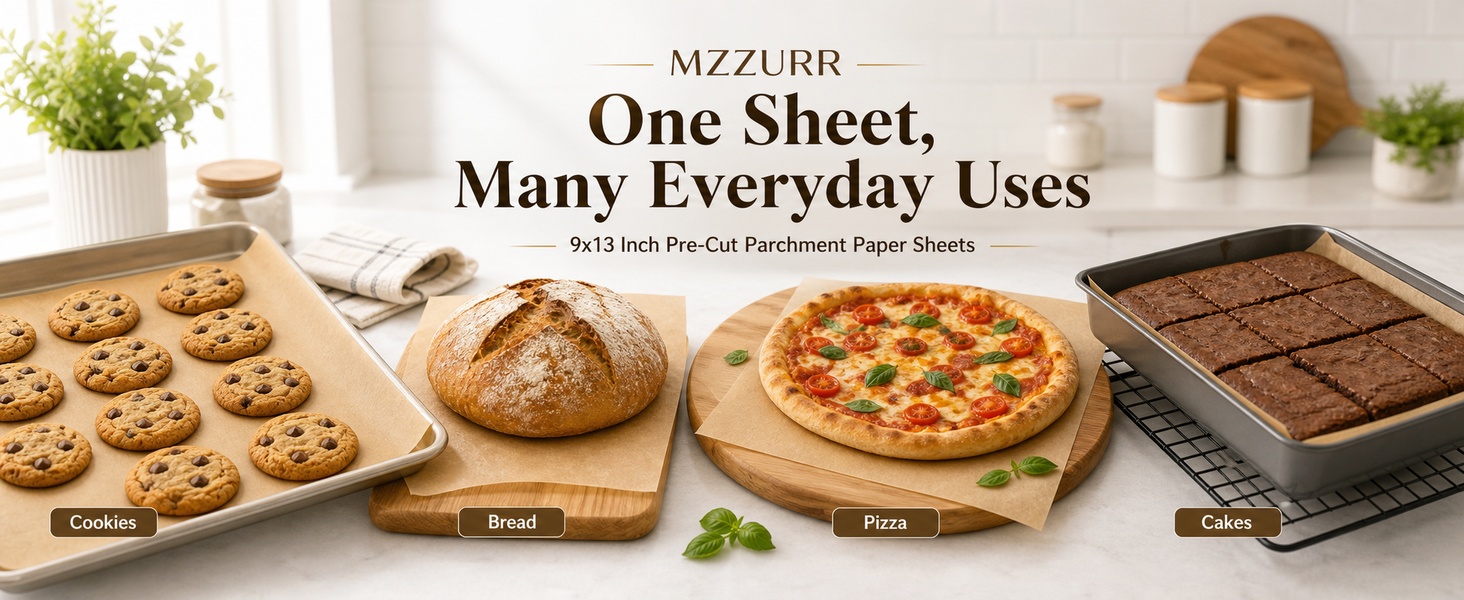 MZZURR parchment sheets shown with cookies, bread, pizza, and baking scenes.
