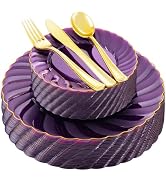 YOUBET 125Pieces Purple Plastic Plates with Gold Rim-Gold Plastic Silverware, Clear Purple Plates...