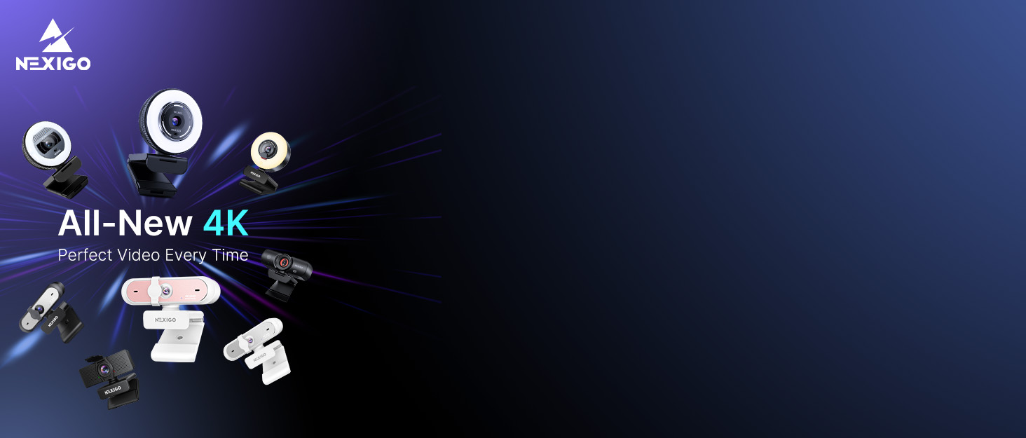 A Background Visual Featuring 8 New NexiGo 4K Webcams in Dynamic Motion