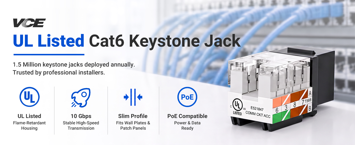 Text reads 'VCE UL Listed Cat6 Keystone Jack' and '1.5 Milion keystone jacks deployed annually. Trusted by network professionals.' Features include UL Listed, UL Stops Fire Spread, Slim Profile No Bulky Boots, PoE Compatible. White/multicolored network jack component displayed with product packaging.