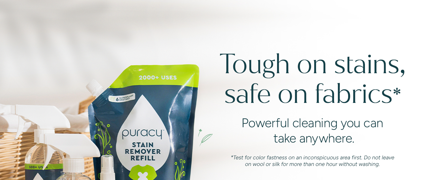 Puracy Stain Remover Refill and spray bottles. Tough on stains, safe on fabrics laundry spray.