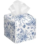 Blue Flowers Tissue Box Cover Square,Tissue Box Holder with Belt Bottom,Stylish Leather Napkin Ho...