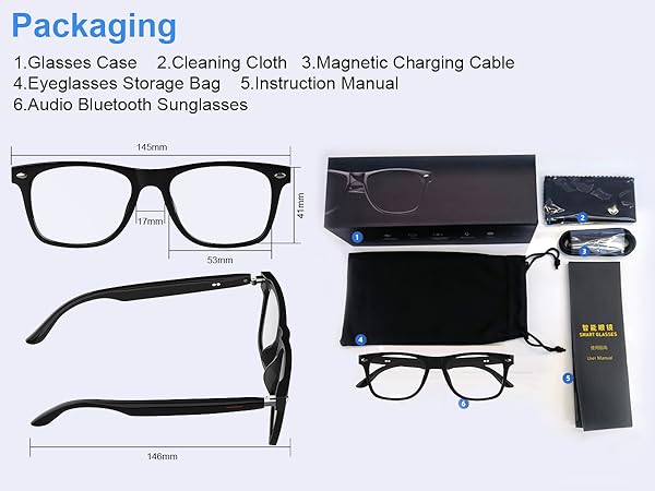 Size & Packaging of bluetooth smart glasses for men & women, AI smart glasses