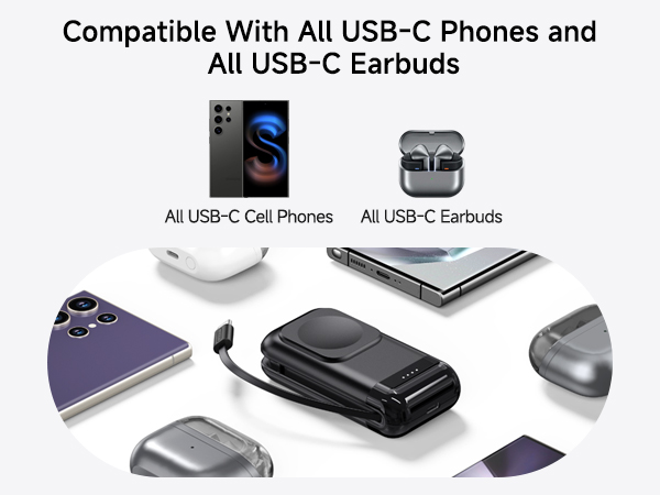 Various electronic devices and accessories compatible with USB-C, including phones, earbuds, and adapters. Text states compatibility with USB-C phones and earbuds.