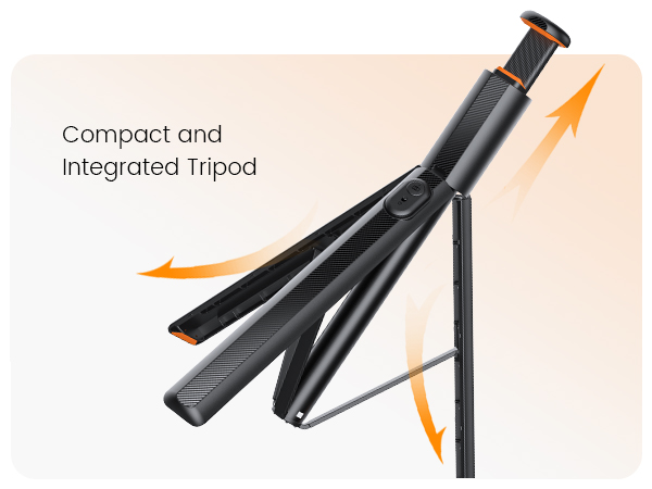 Compact and integrated tripod with multiple black legs folding out. Orange arrows indicate movement directions. Text describes it as 'Compact and Integrated Tripod'.