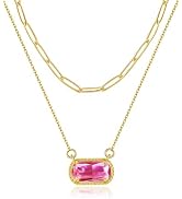 Lourny Gemstone Birthstone Pendant Layered Necklace for Women Trendy, 18K Gold Plated Paperclip C...