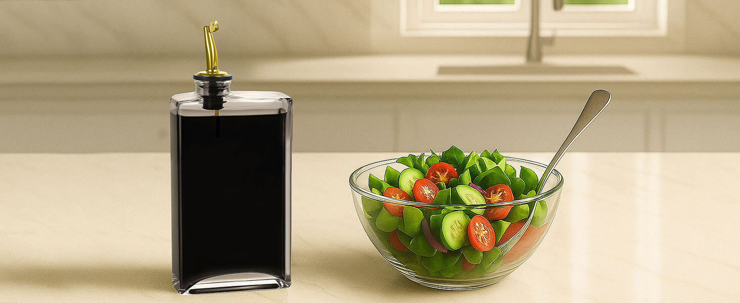 Glass dispenser filled with dark liquid beside fresh vegetable salad in glass bowl