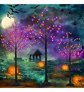 Set of 3, 4ft 5ft 6ft Lighted Black Halloween Tree with Orange Purple Light | Halloween Decoratio...