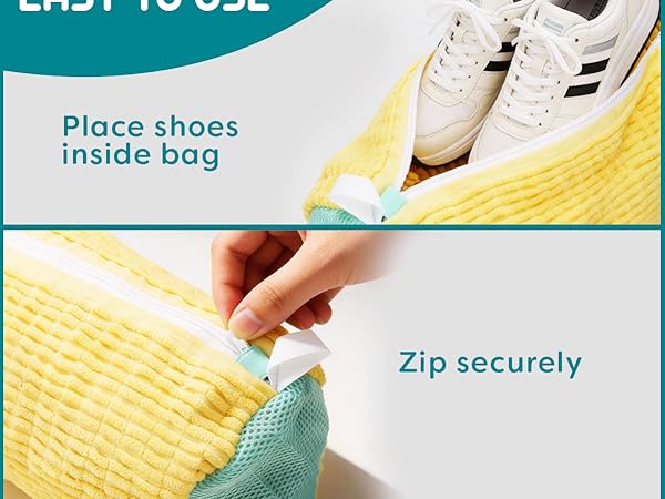 Text reads 'Image 2'. Hand demonstrating zipping action on a turquoise travel shoe bag against yellow textured background.