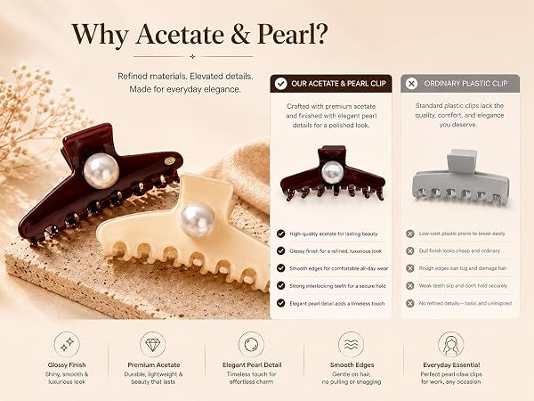 Acetate pearl claw clips compared with ordinary plastic clips for glossy everyday styling
