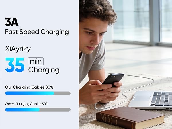XiAyriky charging USB C cable, charges phone to 80% in 35 mins, faster than ordinary charging cords