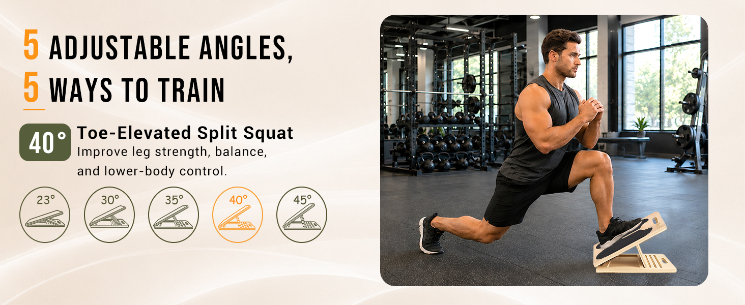 40° slant board for toe-elevated split squat and lower-body control.