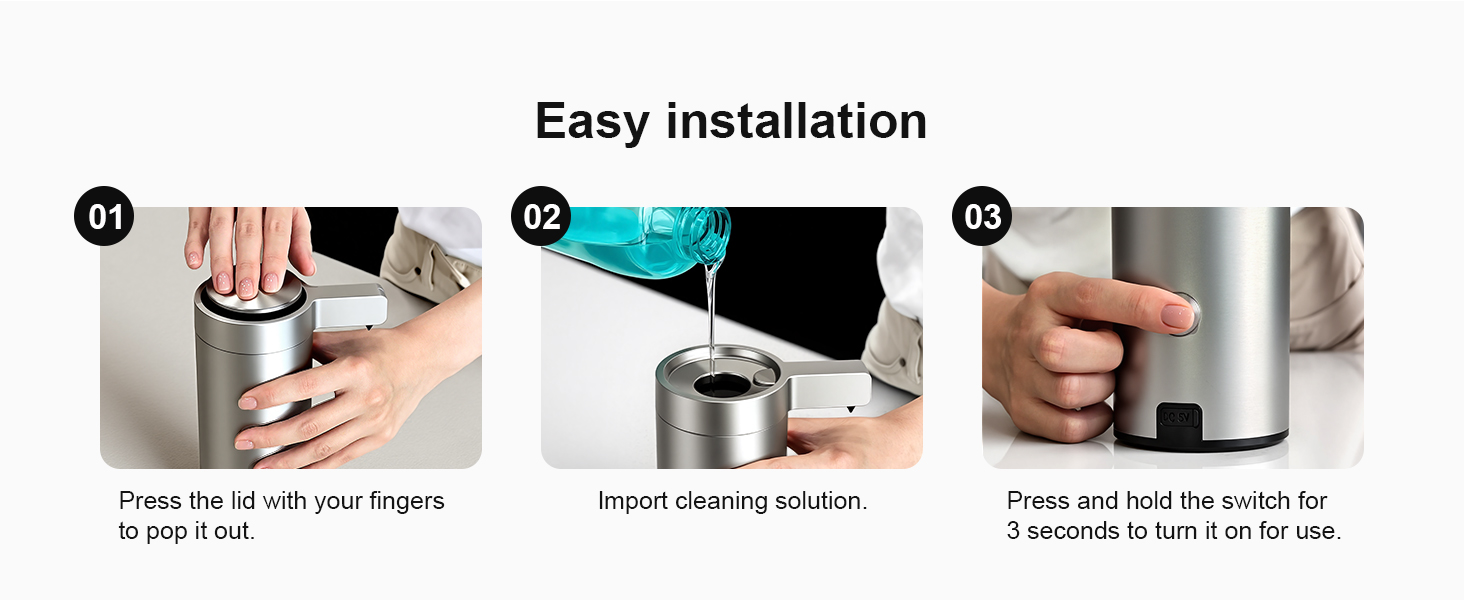 Easy setup soap dispenser, open lid, fill soap, hold power 3 seconds to start, no tools needed.
