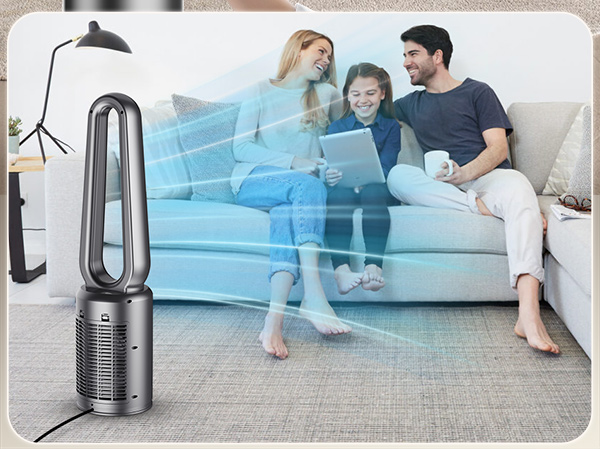 Composite showing Dyson-style air purifier tower fan in living room setting with blue-tinted sofa. Multiple panels demonstrate air circulation patterns in the room.