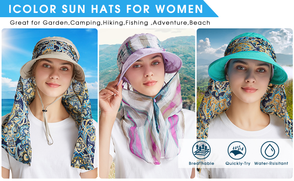 icolor Women Sun Hat Sun Protection Face & Neck Flap Cap Summer Wide Brim Hat