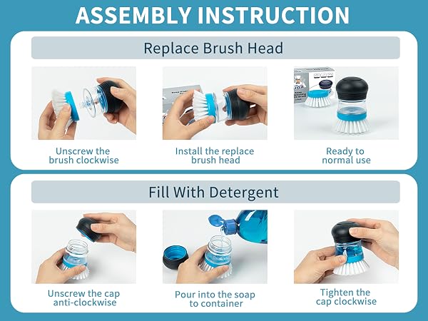 Text reads "ASSEMBLY INSTRUCTION" with "Replace Brush Head" and "Fill With Detergent" sections. Step-by-step instructional images showing brush head replacement and detergent filling process.