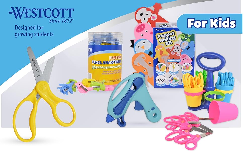 Image of kids scissors glue gun and puppet making kit with text reading westcott.