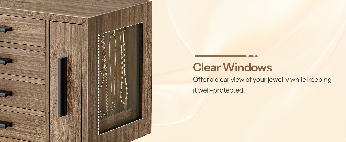 Jewelry Box, Wooden Jewelry Organizer with Transparent Windows, Jewelry Storage Box