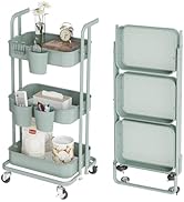 DTK 3 Tier Foldable Rolling Cart, Metal Utility Cart with Lockable Wheels, Folding Storage Trolle...