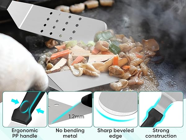 Metal griddle spatulas are made of high quality stainless steel with heatproof plastic handle.