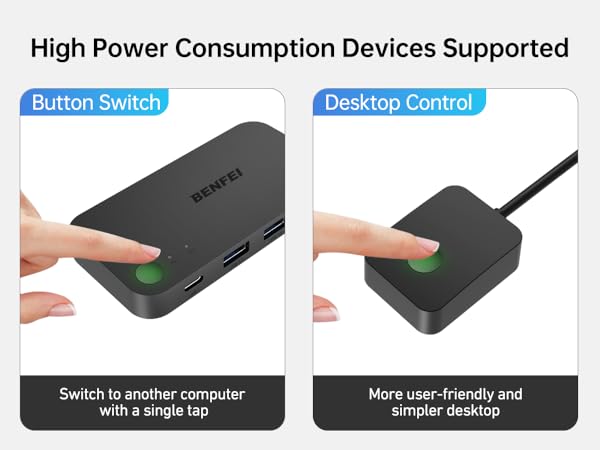 Two black desktop control devices for high power consumption devices. Left panel shows 'Button Switch', right panel shows 'Desktop Control' with touch functionality.