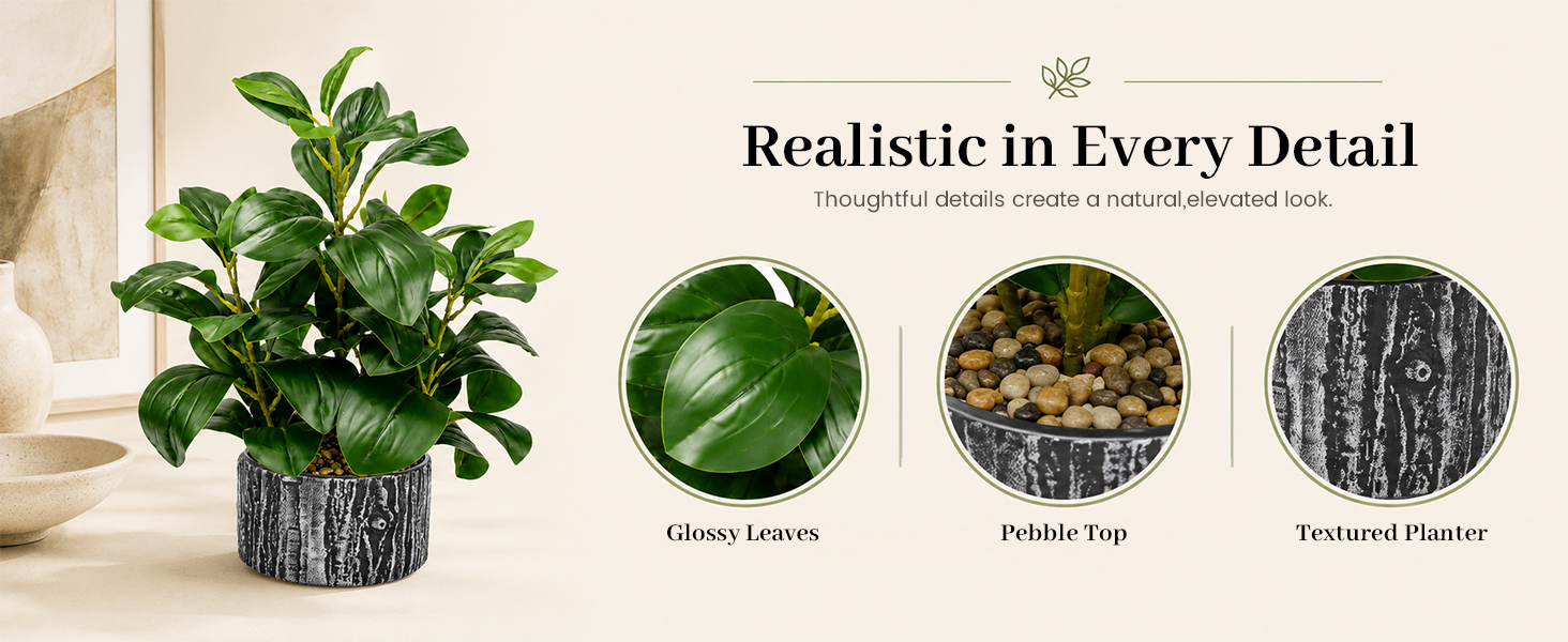 artificial green potted plant glossy leaves pebble textured planter details