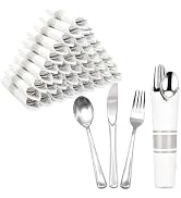 cheerserve 50Pack Silver Plastic Silverware,Pre Rolled Silverware Set Disposable Cutlery Set Incl...
