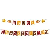 ANFEST Happy Thanksgiving Banner with Pumpkins, Leaves, Pre-Strung Flag, Festive Fall Decor for H...