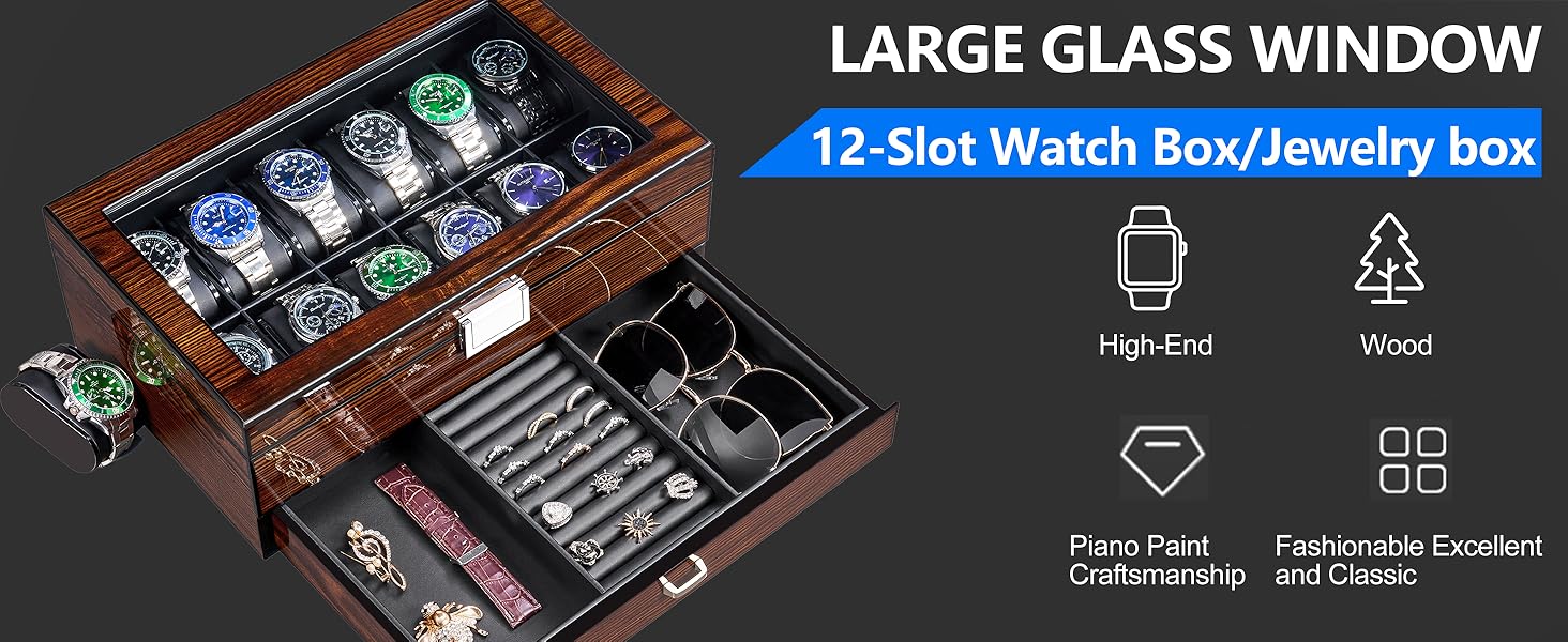 BEWISHOME High-End Watch Box, 12-Slot Watch Case with Large Glass Lid, 2-Layer Wooden Watch