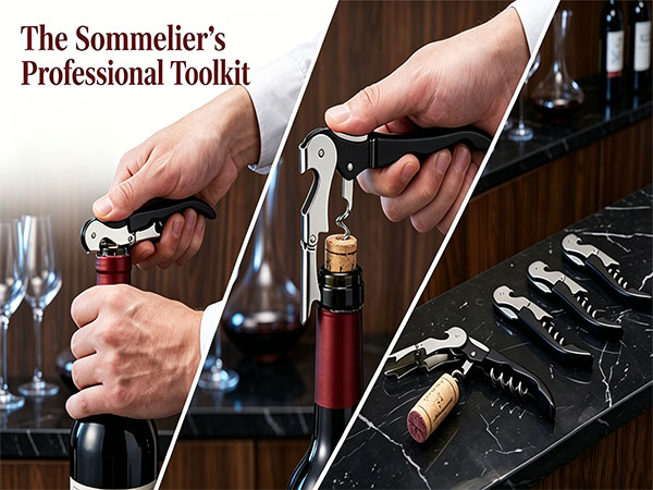 Sommelier using a professional waiter's corkscrew to open wine