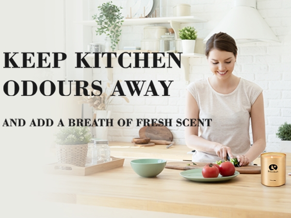 Kitchen scene with text overlay 'Keep Kitchen Odours Away', showing food preparation area with fresh ingredients and plants.