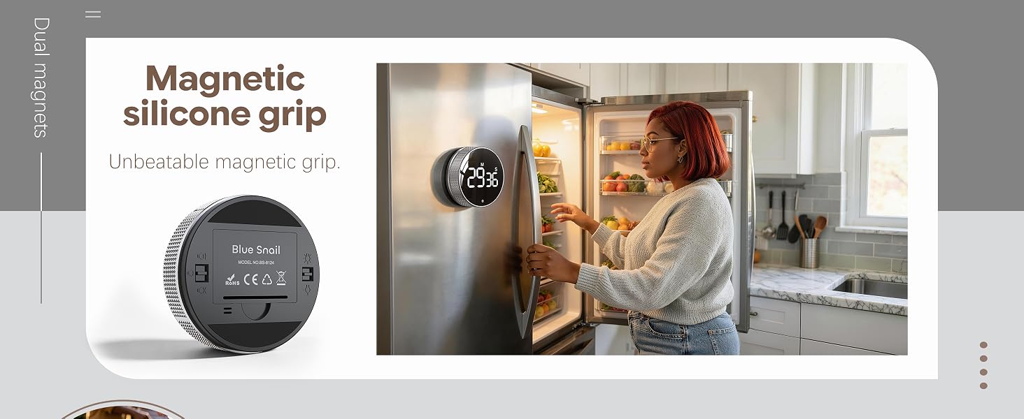 Text reads 'Magnetic silicone grip'. Product packaging showing gray circular magnetic silicone grip device displayed on white surface in home interior setting.