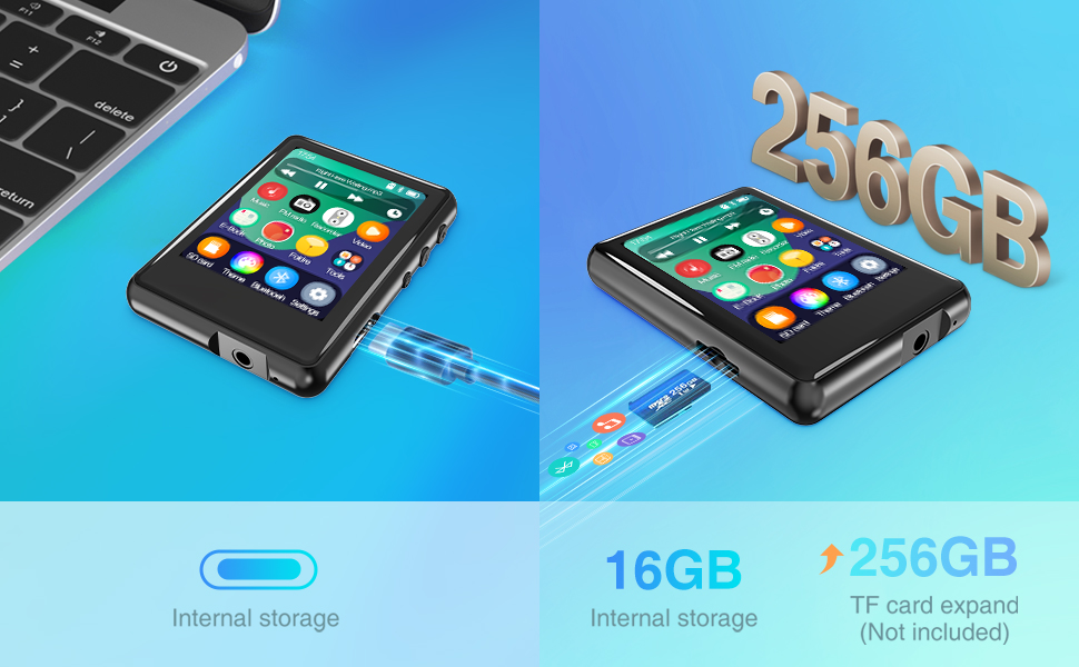 The MP3 player features 16GB of built-in storage and supports TF cards