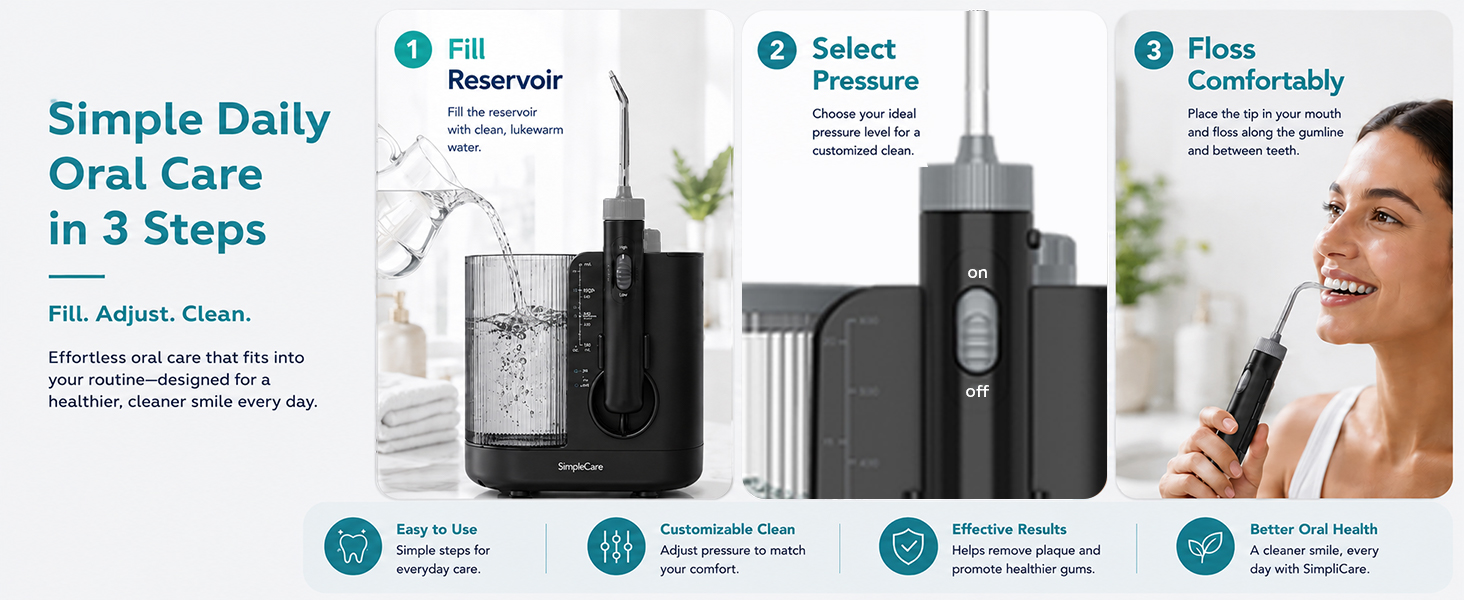 SimpliCare FC1761 countertop water flosser with 10 pressure levels, 600ml tank and 8 tips.