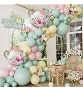 Haolongfa Tea Party Balloon Garland Arch Kit, 144 Pcs, Girls Birthday Decor | Pastel Pink Green Y...