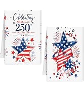 VISSTREE 4th of July Kitchen Towels Set of 2, Absorbent 250th Anniversary Flag Stars Hand Towel, ...